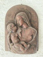 Fali keràmia Donatello stílusú Mària és a kisded Jézus,Gondos József alkotás
