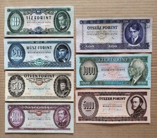 Retró Forint sor. 10, 20, 50, 100, 500, 1.000, 5.000 Forintos bankjegy.
