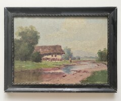 Neogrády László (1896-1962): Patakpart a falu szélén. Jelzett olajfestmény.