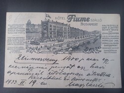 Antik képeslap Budapest Hotel Fiume villamos Duna elismervény 1933   260819