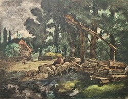 Iványi Grünwald Béla: Itatás (színezett rézkarc, aláírt) Paraszti élet, bárányok, pásztor, színes