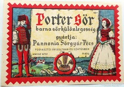Régi sörös italcíme (Porter sör, Pannónia Pécs, Sörgyár 6,10 Ft.))