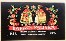 Régi magyar baeackpálinkás italcímke (kisméretű, Monimpex)