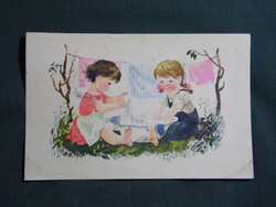 Képeslap,Demjén Zsuzsa grafika,művészet,gyerek modell,kislány,nagymosás,1956-