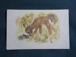 Képeslap,Reich Károly grafika,művészet,nyúl,őzike,1956-
