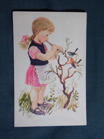 Postcard, Zsuzsa Demjén graphic, art, children's model, little girl playing flute for birds, 1956-