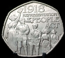 Egyesült Királyság 50 penny, 2018 100 éves A népképviseleti törvény E04F5V