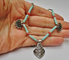 Beautiful turquoise and coral gemstone silver necklace / pendant