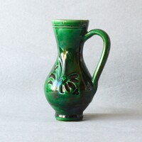 Zöld mázas korsó / bokály, mezőtúri népi kerámia, 13 cm magas