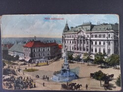 Antik képeslap Pécs Széchenyi tér villamossal /Monostory György reklám/üzleti értesítés