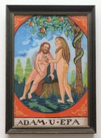 Ádám és Éva. Hinterglasmalerei. Naiv festmény.