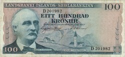100 krónur korona 1957 juni 21. Izland Ritkább év