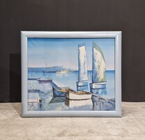 Festmény vitorlásokkal, mediterrán hangulatú