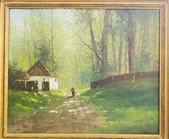 Mesterházy Lajos(1891-1853)Erdei út tanyával és staffázsalakkal olaj-vászon festmény