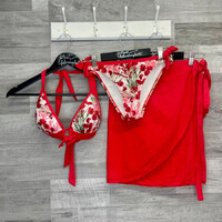 Piros-fehér virágmintás bikini/fürdőruha S, Calzedonia strandszoknya szett