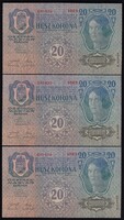 20 korona 1913 II. kiadás Deutschösterreich felülb. az osztrák címeren 3 db sorszámkövető bankjegy