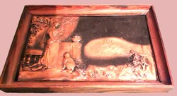 1988. Iparművész KÉPCSARNOKOS rézműves remekmű : Hölgy a kertben rézkép+ keret 28x19cm képek szerint