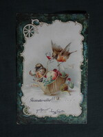Képeslap,litho,grafikai,művészet,ornitológia,vörösbegy madár,gyümölcskosár,1899-