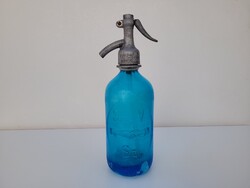 Régi kis méretű 0,5 l kék Sz. V. Sz. szódasüveg Artésia Budapest 1930 fej 0,5 literes