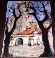 Fehér Margit ritka alkotása : Utcai jelenet - olajpasztell papír 20 X 17 cm a képek szerint