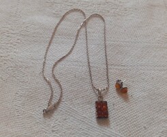Silver Necklace with Amber Pendant and Earrings