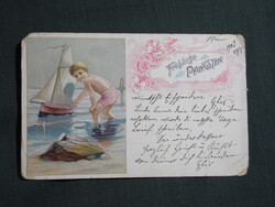 Képeslap,litho,grafikai,művészet,gyerek modell,kisfiú,vitorlás hajó,ünnep,pünkösd,1903-  ,sérült,
