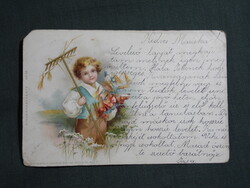 Képeslap,litho,grafikai,művészet,gyerek modell,kisfiú,virág,1899-