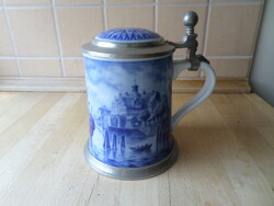 Retro német porcelán söröskorsó hajós motívummal ón szerelékkel 1982 gyűjtői limitált