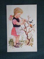 Postcard, Zsuzsa Demjén graphic, art, children's model, little girl playing flute for birds, 1956-