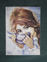 Képeslap,Danuta Muszyńska-Zamorska grafika,művészet,,gyerek modell,kislány,galamb,1979-