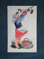Képeslap,Demjén Zsuzsa grafika,művészet,,gyerek modell,kislány,almaszüret,1956-