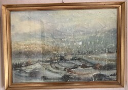 Rajos Sándor akvarell balatoni táj 80x100 cm üvegezett