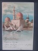 Egyiptom arab falu mecset és nílusi vitorlások litho 1902 - 260819