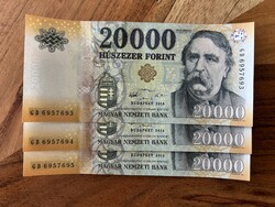 20,000 Forint Banknotes 2016 GD UNC Serial Number Tracking 3 pcs
