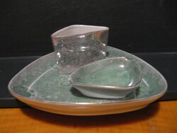 Retro hollóházi porcelán zöld lüszteres dohányzó trió szett