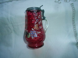 Small Blown Red Glass Bottle with Lid and Enamel Paint