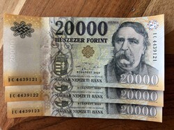 20,000 Forint Banknotes 2020 IC UNC Serial Number Tracking 3 pcs