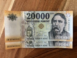 20,000 Forint Banknotes 2020 ID UNC Serial Number Pair