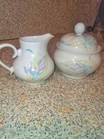 Hollóházi Porcelán írisz (nőszirom) mintás fedeles cukortartó és tejkiöntő "pótlás"