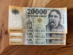 20,000 Forint Banknotes 2020 ID UNC Serial Number Tracking, 3 pcs