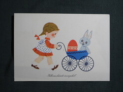 Képeslap,Sóti Klára grafikai,művészet,gyerek modell,kislány,nyúl,ünnep,húsvét,1979-