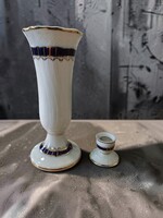 Hollóházi kobaltkék-arany díszítésű porcelán váza és gyertyatartó szett