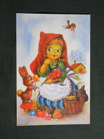 Képeslap,Juan Vernet grafika,művészet,gyerek modell,kislány,nyúl,virág,ünnep,húsvét,2006-