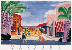 Vaszary János Tengerpart pálmafákkal, festmény művészeti plakátja, napernyők mediterrán olasz nyár