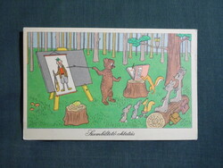 Képeslap,Réber László grafika,művészet,humor,vicc,Szemléltető oktatás,medve,mókus,nyúl,vadász,1956-
