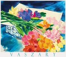 Vaszary János Virágcsendélet, virágok kosárban, festmény művészeti plakátja, tavaszi nyári színes