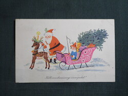 Képeslap,Lukáts Kató grafikai,művészet,szarvas szán,kislány,télapó,mikulás,ünnep,karácsony,1966-