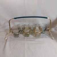 Retro fémkosaras feles pohár / pálinkás készlet színes üvegekkel (6 db-os szett)