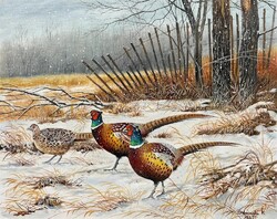 PRICE REDUCED Dabronaki Pheasants in Snow 40x50 cm Oil on Canvas