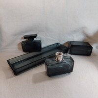 Antik Art Deco füstüveg / kékített üveg fésülködőasztal piperekészlet (4 részes szett)